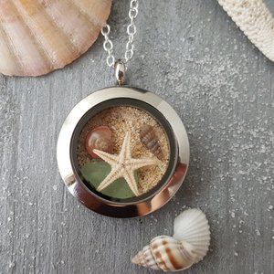 Beach Memory Locket Natural Sea Glass Necklace Women Jewelry Gift